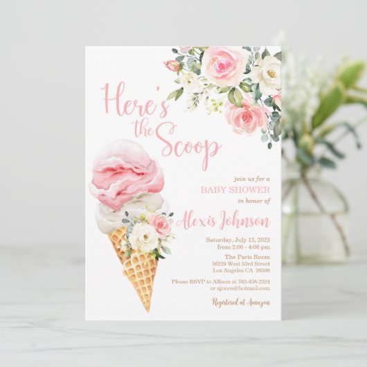 Hier ist die Scoop Baby Shower (Girl) Einladung (Stehend Vorderseite)