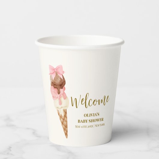 Hier ist die Scoop Bow Ice Cream Baby Dusche Willk Pappbecher (Rückseite)