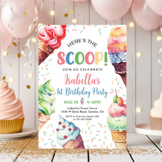 Hier ist die Scoop Girls Ice Cream 1. Geburtstag Einladung