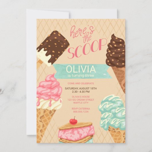 Hier ist die Scoop Girls Ice Cream Birthday Einladung (Vorderseite)