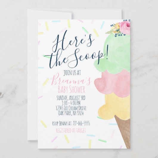 Hier ist die Scoop Ice Cream Baby Dusche Einladung (Vorderseite)