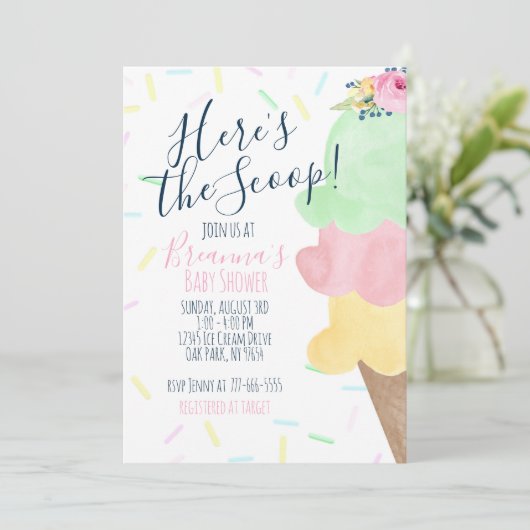 Hier ist die Scoop Ice Cream Baby Dusche Einladung (Stehend Vorderseite)