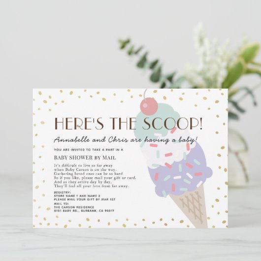 Hier ist die Scoop Ice Cream Baby Shower by Mail Einladung (Stehend Vorderseite)