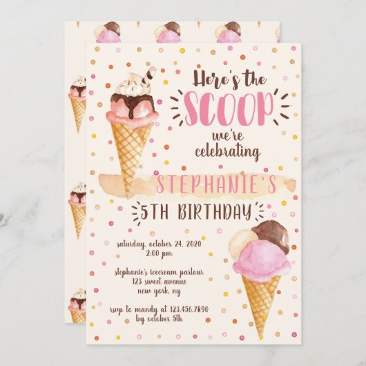 Hier ist die Scoop Ice Cream Birthday Party Einladung (Vorne/Hinten)