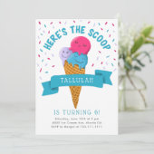 Hier ist die Scoop Ice Cream Birthday Party Einladung (Stehend Vorderseite)