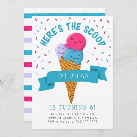 Hier ist die Scoop Ice Cream Birthday Party Einladung (Vorne/Hinten)