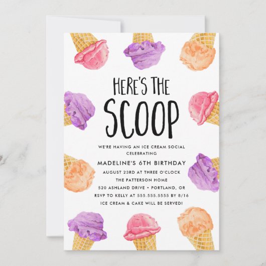 Hier ist die Scoop Ice Cream Birthday Party Einladung (Vorderseite)