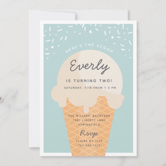 Hier ist die Scoop Ice Cream Cone Kid Birthday Par Einladung (Vorderseite)
