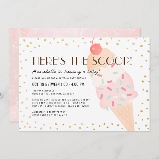 Hier ist die Scoop Ice Cream Drive by Baby Shower Einladung (Vorne/Hinten)