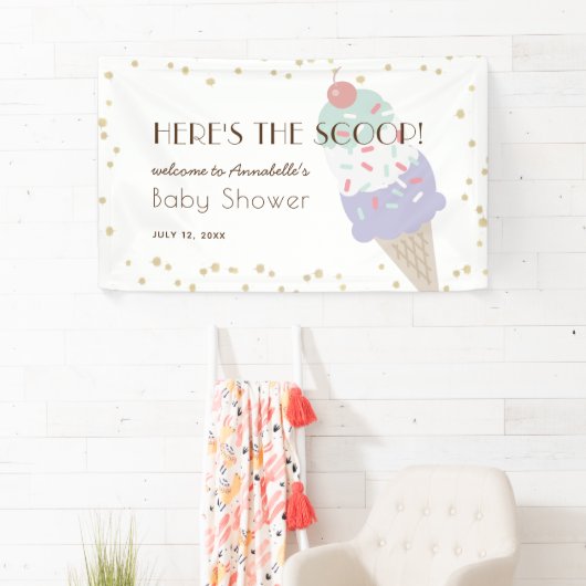 Hier ist die Scoop Ice Cream Lila Baby Shower Banner (Insitu)