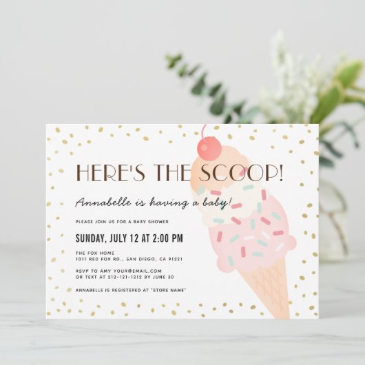 Hier ist die Scoop Ice Cream Pink Girl Baby Dusche Einladung (Stehend Vorderseite)