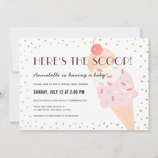 Hier ist die Scoop Ice Cream Virtual Baby Shower Einladung (Vorderseite)