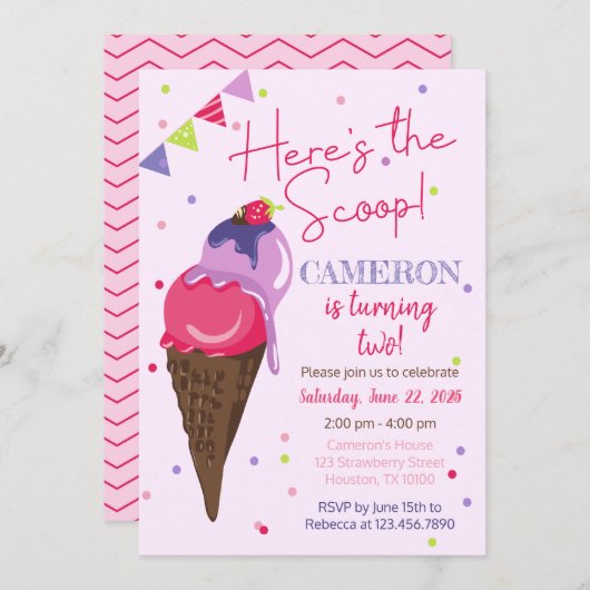 Hier ist die Scoop Ice Creme Birthday Party Einladung (Vorne/Hinten)