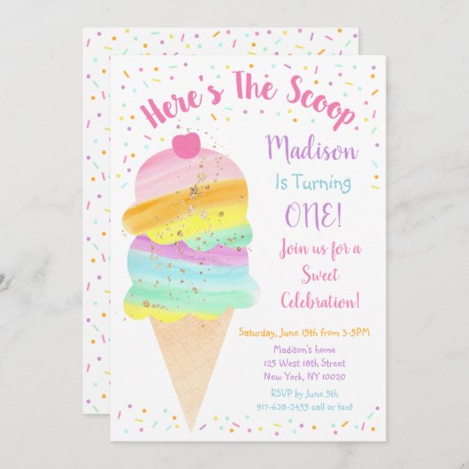 Hier ist die Scoop Rainbow Ice Cream Birthday Einladung (Vorne/Hinten)