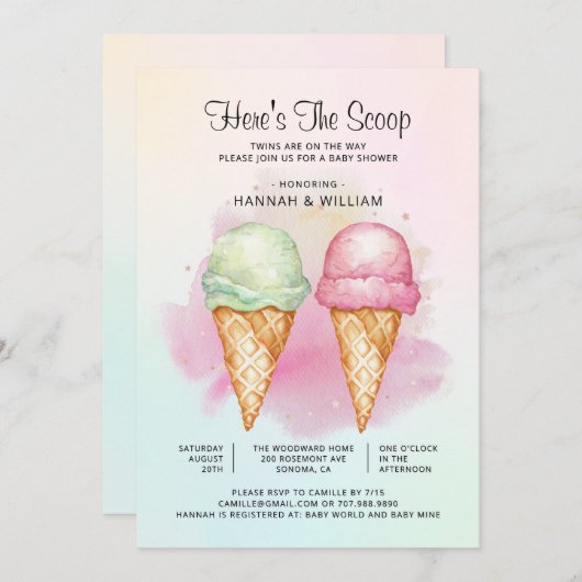 Hier ist die Scoop Twin Boy Girl Baby Dusche Einladung (Vorne/Hinten)