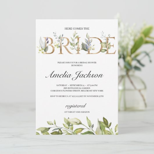 Hier kommen die Blätter der Braut und das Gold Einladung (Stehend Vorderseite)