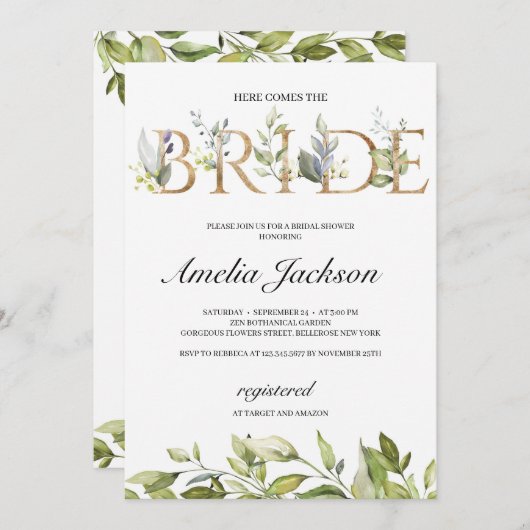 Hier kommen die Blätter der Braut und das Gold Einladung (Vorne/Hinten)