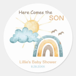 Hier kommen die Teller der Son Baby-Dusche Runder Aufkleber