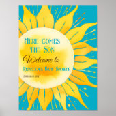 Hier kommt Boy Blue Sunshine Baby Dusche Willkomme Poster (Vorne)