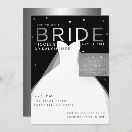 Hier kommt BRIDE Black Silver White Brautparty Einladung (Vorne/Hinten)