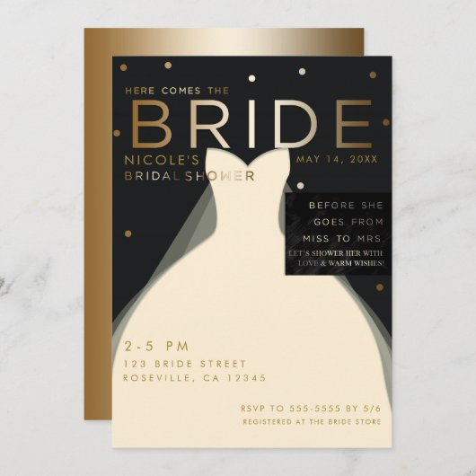 Hier kommt BRIDE Creme Black Gold Brautparty Einladung (Vorne/Hinten)