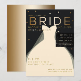 Hier kommt BRIDE Creme Black Gold Brautparty Einladung