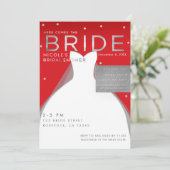 Hier kommt BRIDE Silver & Red Chic Brautparty Einladung (Stehend Vorderseite)