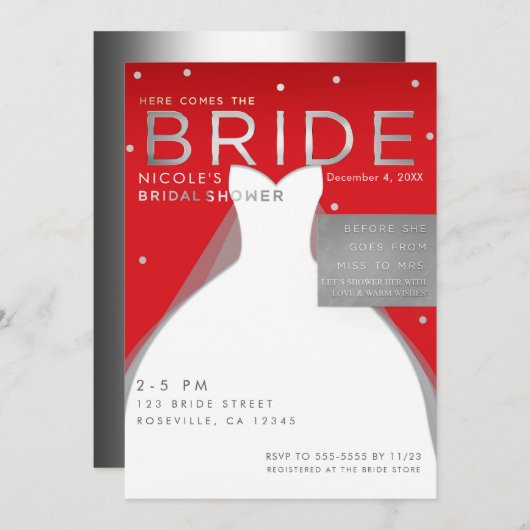 Hier kommt BRIDE Silver & Red Chic Brautparty Einladung (Vorne/Hinten)