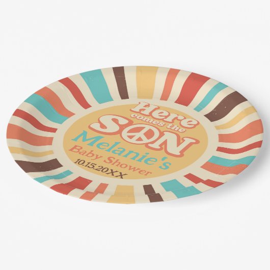 Hier kommt das Son Baby Dusche Party Pappteller (Schrägansicht)