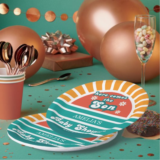 Hier kommt das Son Retro Baby Shower Party Pappteller (Multi)