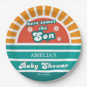 Hier kommt das Son Retro Baby Shower Party Pappteller (Vorderseite)