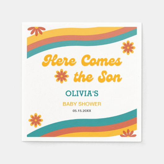 Hier kommt das Son Retro Boy Baby Shower Party Serviette (Vorderseite)