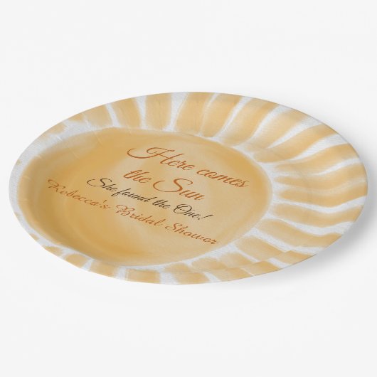 Hier kommt das Sun Ray Yellow Brautparty Pappteller (Schrägansicht)