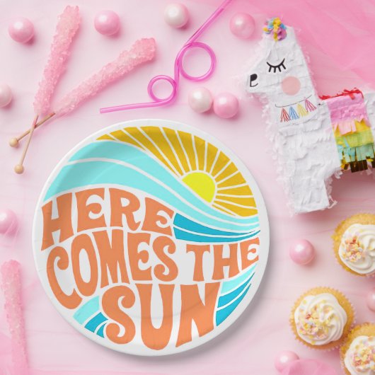 Hier kommt das Sun T-Shirt, Retro Style, Hippie St Pappteller (Party)