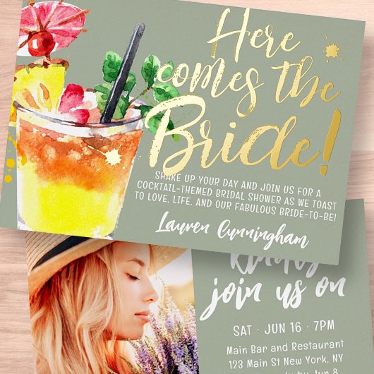 Hier kommt der Bride Fun Cocktail Save the Date Folieneinladung