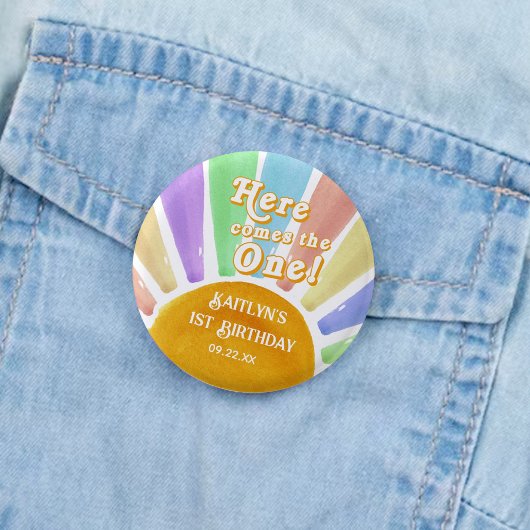 Hier kommt der eine! Retro Boho Sun 1. Geburtstag Button