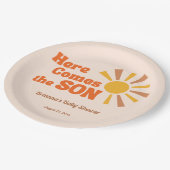 Hier kommt der Sohn Baby Dusche Groovy Retro Pappteller (Schrägansicht)