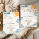 Hier kommt der Sohn Baby Shower Boy Blue Einladung<br><div class="desc">Spaß und niedliche Baby Dusche Junge Einladung "Hier kommt der Sohn" mit Aquarellwolke und Regenbogendesign mit hübschem Regenbogenherz-Muster auf der Rückseite.</div>