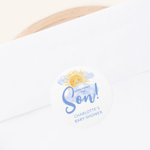 Hier kommt der Sohn Baby Shower Runder Aufkleber