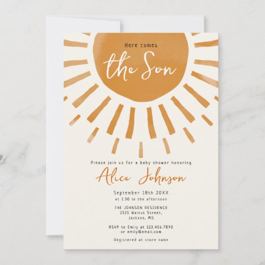 Hier kommt der Sohn Boho Junge in einer Babydusche Einladung (Vorderseite)