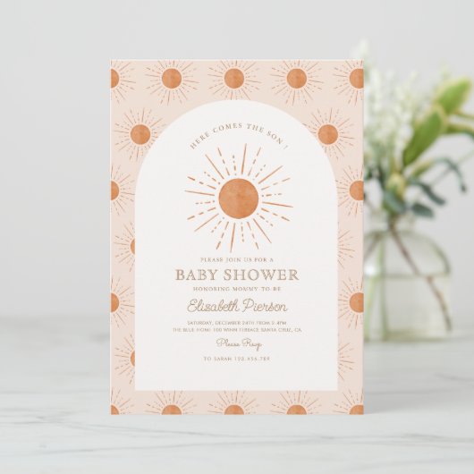 Hier kommt der Sohn Burnt Orange Sun Baby Shower Einladung (Stehend Vorderseite)