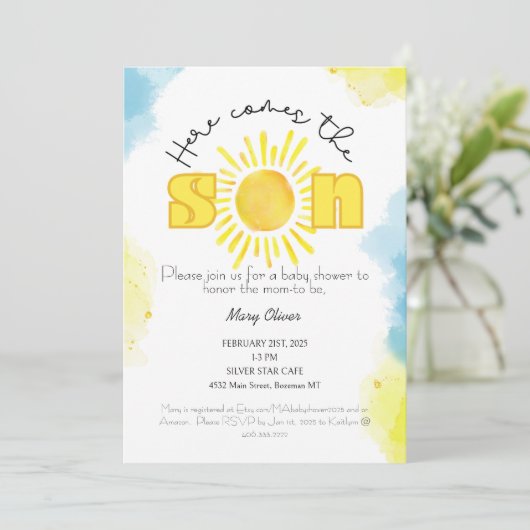 Hier kommt der Sohn! Einladung der Babydusche (Stehend Vorderseite)