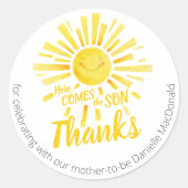 Hier kommt der Sohn, gelb sonnendusche Baby Runder Aufkleber (Vorderseite)