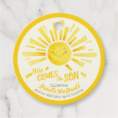 Hier kommt der Sohn gelbe Baby Dusche Gefallen Geschenkanhänger (Vorderseite)