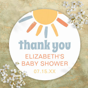 Hier kommt der Sohn Junge Baby Shower Dankeschön-G Runder Aufkleber