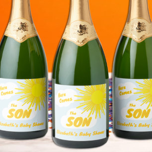 Hier kommt der Sohn Junge Baby Shower Schaumweinetikett