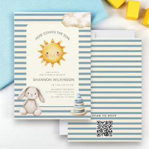 Hier kommt der Sohn QR-Code-Streifen Baby Shower Einladung
