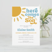 Hier kommt der Sohn Retro Junge Dusche Einladung (Stehend Vorderseite)