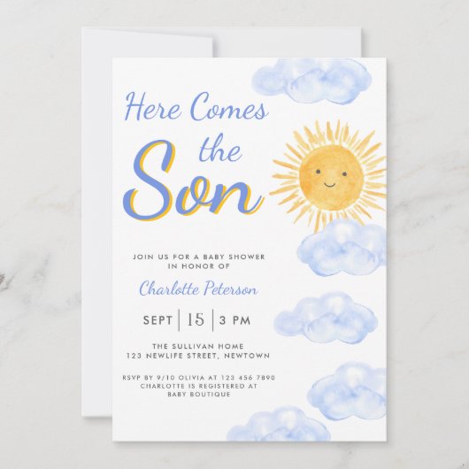 Hier kommt der Son Baby Shower Boy Einladung (Vorderseite)