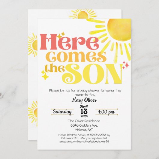 Hier kommt der Son Baby Shower Invitation Boy Son Einladung (Vorne/Hinten)